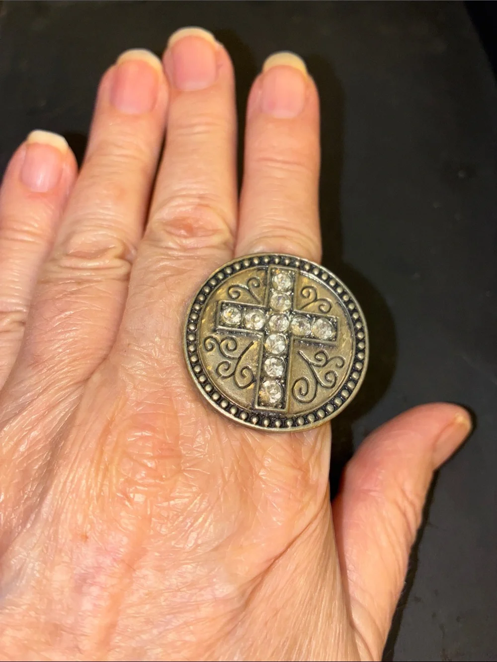 Vintage-Inspired Bronze Cross Accent Ring - Brown/Gold